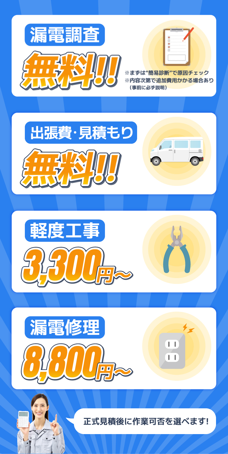 出張・見積もり無料!漏電調査無料!軽度工事3,300円~、漏電修理8,800円~